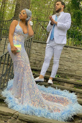 Hermosos vestidos de fiesta de sirena con escote en V, tirantes finos, apliques de encaje y longitud hasta el suelo